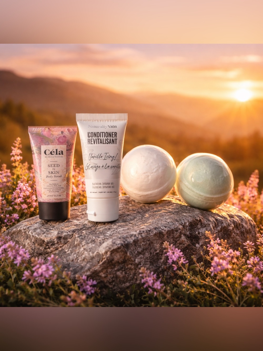 Céla SeedBody Scrub, Naturally Vain Vanilla Icing Conditioner & Bath/Feet Bombs